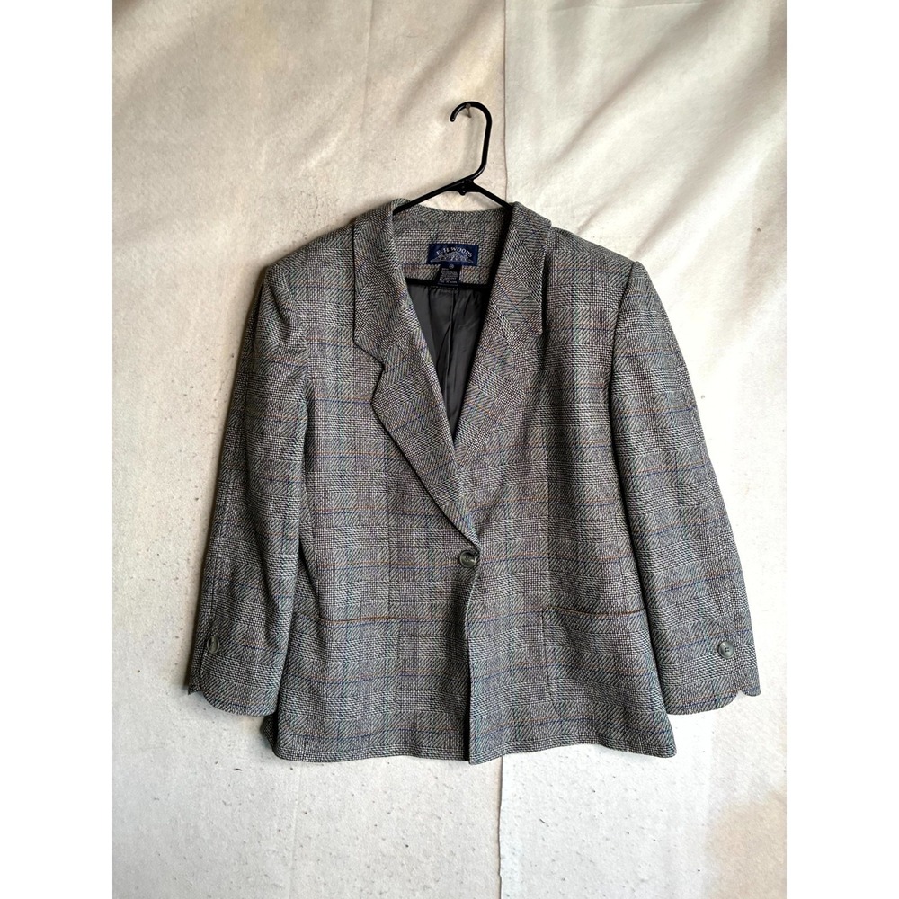 E.H. Woods Blazer Jacket Women's 14 Gray Lined Tweed Notch Lapel Single Breasted